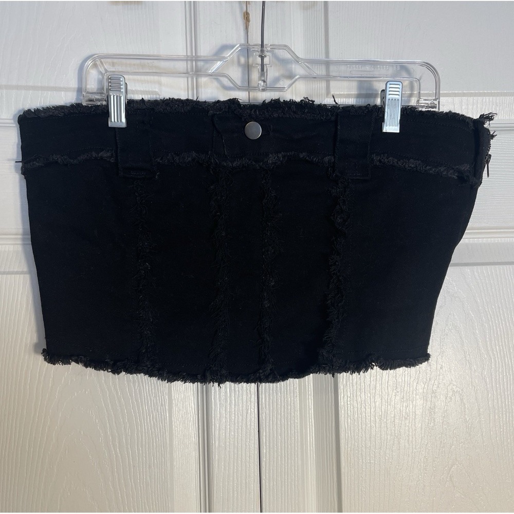 American Bazi Black Denim Cropped Top Women 1X‎ Side Zip Grunge Frayed Hem Party
